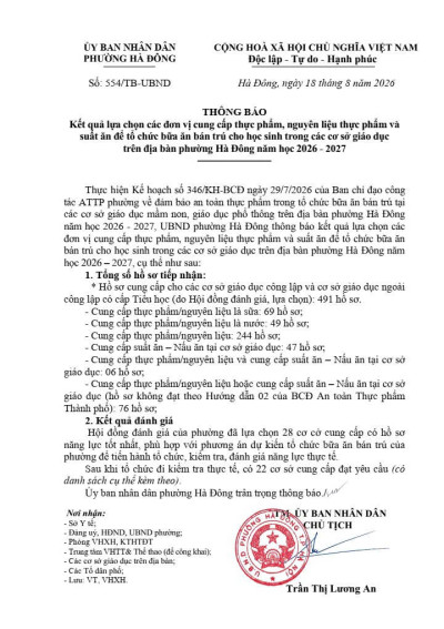 Thông báo Kết quả lựa chọn các đơn vị cung cấp thực phẩm