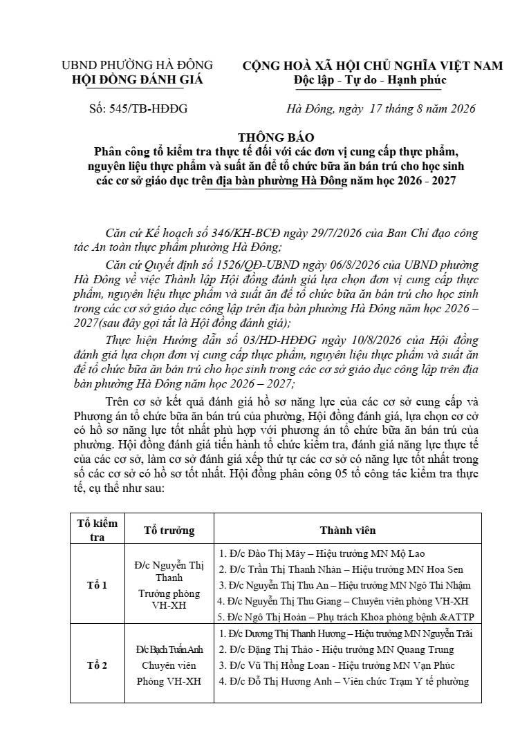 Thông báo phân công tổ kiểm tra thực tế